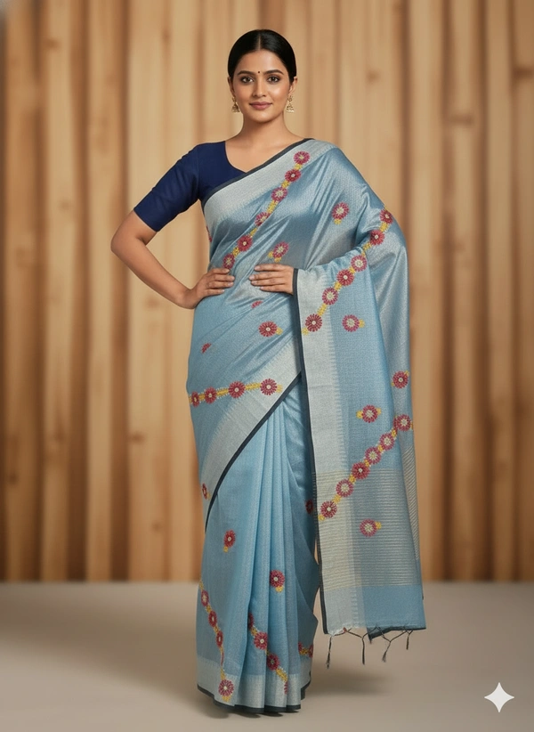 SKU1029 : Cotton Tissue Saree | All over  Chickankari Work - Dry wash, Yes
