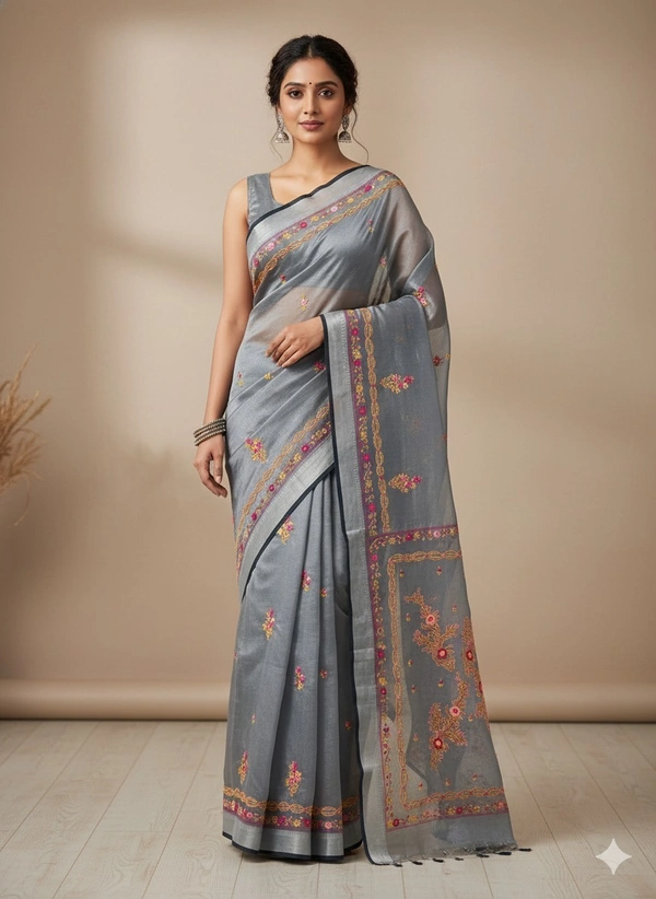 SKU1030 : Cotton Tissue Saree | All over Parsi Work - Dry Wash, Yes