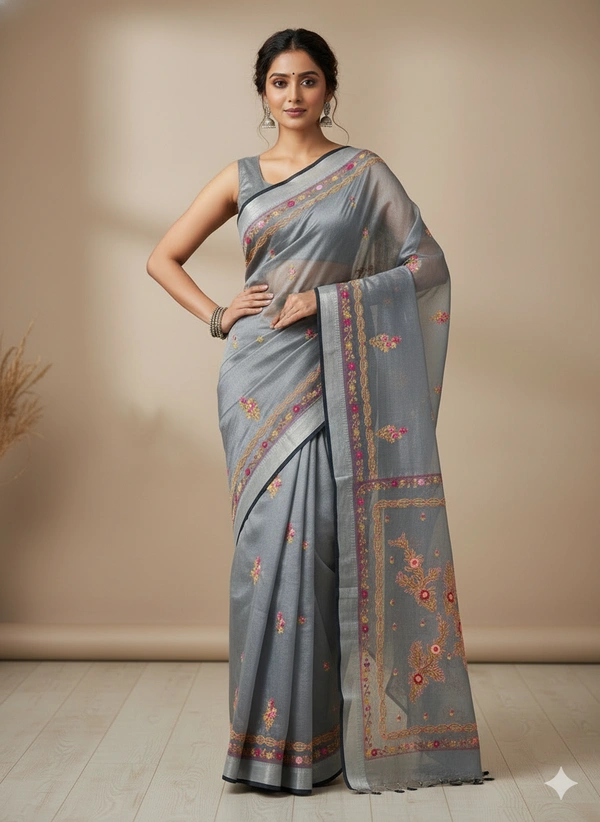 SKU1030 : Cotton Tissue Saree | All over Parsi Work - Dry Wash, Yes