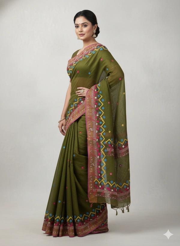 SKU1115 : Elegant Pure Resham Silk Saree – Gujrati Lambani Handwoven Ethnic Wear - Dry Wash, Yes