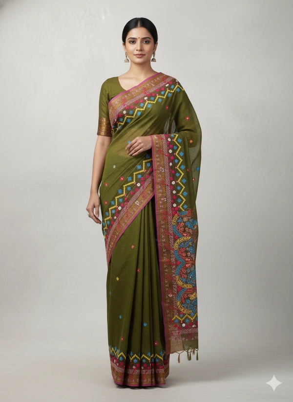 SKU1115 : Elegant Pure Resham Silk Saree – Gujrati Lambani Handwoven Ethnic Wear - Dry Wash, Yes