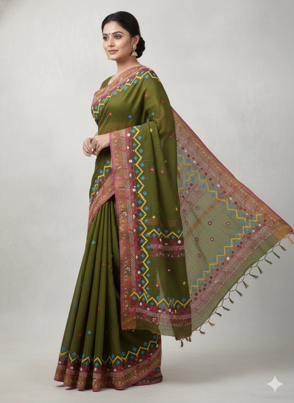 SKU1115 : Elegant Pure Resham Silk Saree – Gujrati Lambani Handwoven Ethnic Wear - Dry Wash, Yes