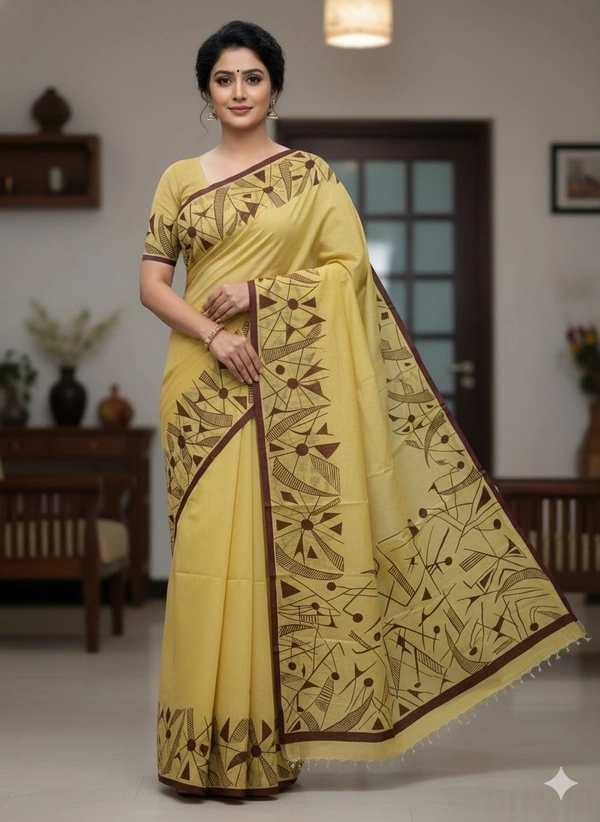 SKU1133 : Tant Pure Handloom Cotton Saree – Handpainted, Lightweight & Breathable Fabric - Dry Wash, Yes
