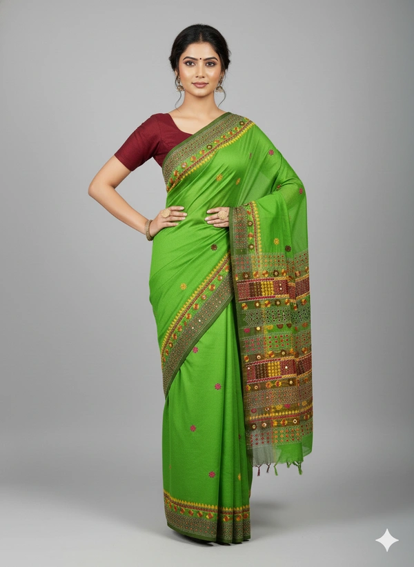 SKU1116 : Elegant Handwoven Tussar Bapta Saree – Gujrati Lambani Work - Dry Wash, Yes