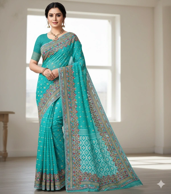 SKU1138 : Elegant Handwoven Jamdani Saree – Gujrati Lambani Work - Dry Wash, Yes
