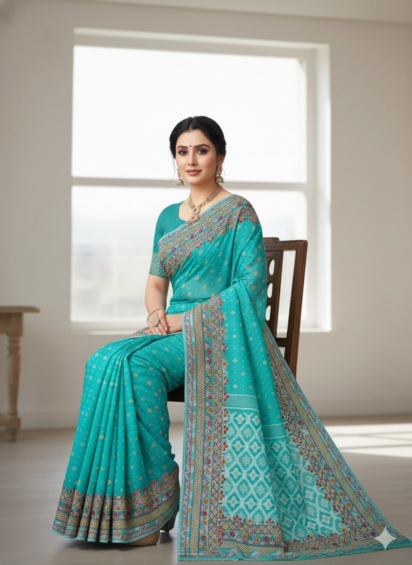 SKU1138 : Elegant Handwoven Jamdani Saree – Gujrati Lambani Work - Dry Wash, Yes