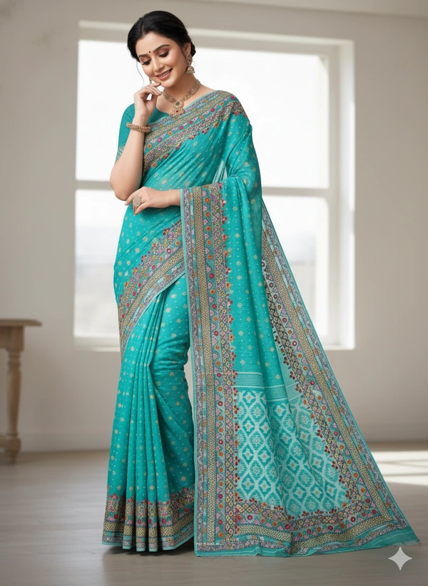 SKU1138 : Elegant Handwoven Jamdani Saree – Gujrati Lambani Work - Dry Wash, Yes