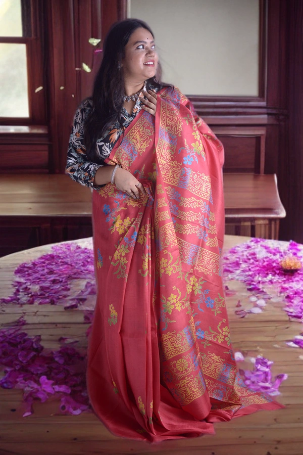 SKU0352 : Pure Silk Murshidabad Handloom Saree – Elegant Traditional Weave - Floral, Discharge Print, Dry Clean Only, Yes