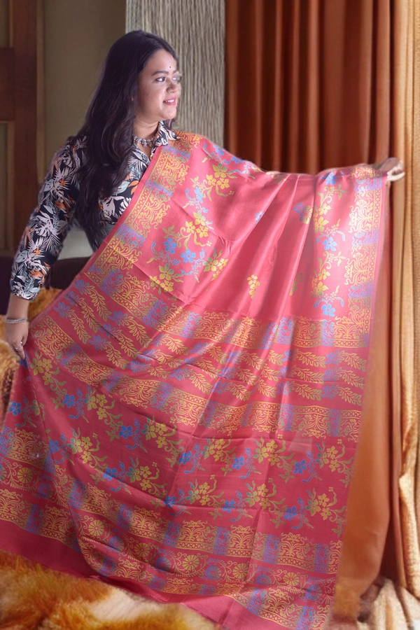 SKU0352 : Pure Silk Murshidabad Handloom Saree – Elegant Traditional Weave - Floral, Discharge Print, Dry Clean Only, Yes