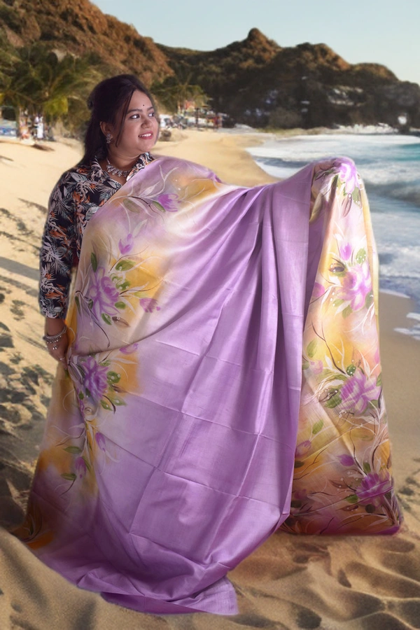 SKU0354 : Pure Silk Murshidabad Handloom Saree – Elegant Traditional Weave - Floral, Hand Print, Dry Clean Only, Yes