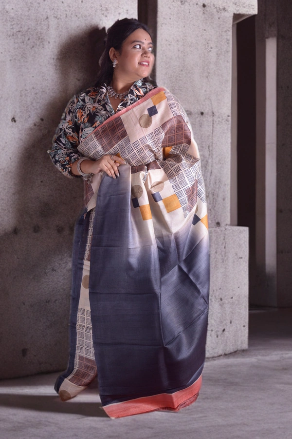 SKU0355: Elegant Pure Tussar Silk Saree – Handwoven Natural Silk Drape - Geometric, Hand Print, Dry Clean Only, Yes