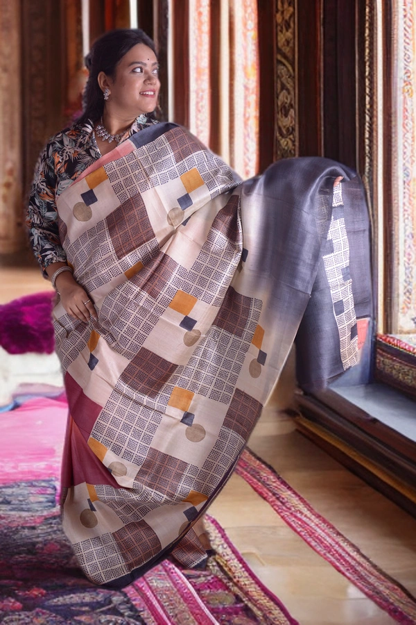 SKU0355: Elegant Pure Tussar Silk Saree – Handwoven Natural Silk Drape - Geometric, Hand Print, Dry Clean Only, Yes
