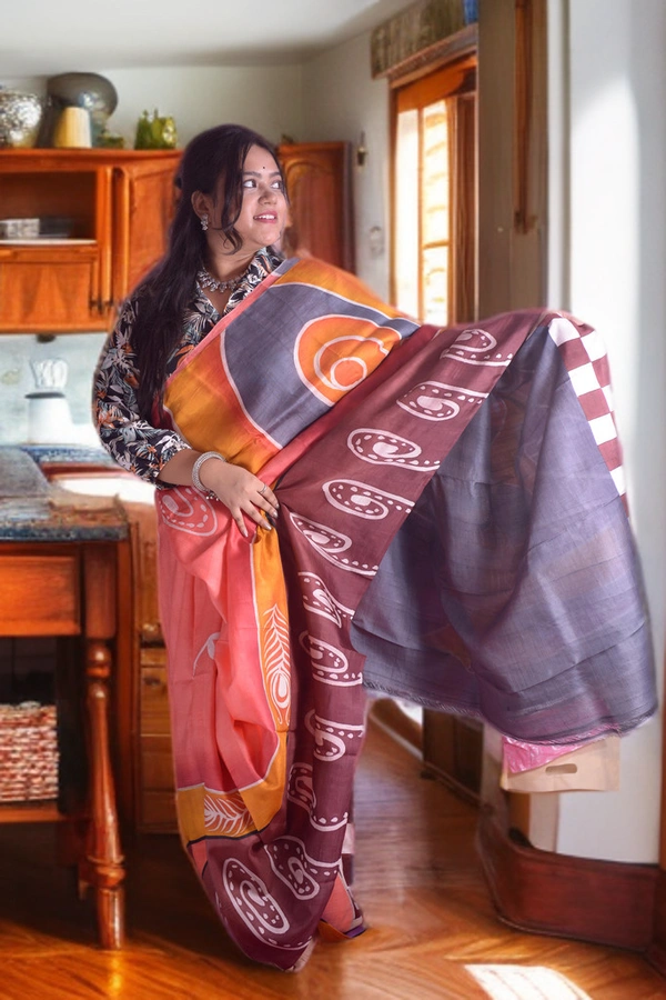 SKU0356 : Pure Silk Murshidabad Handloom Saree – Elegant Traditional Weave - Block Print, Hand Print, Dry Clean Only, Yes