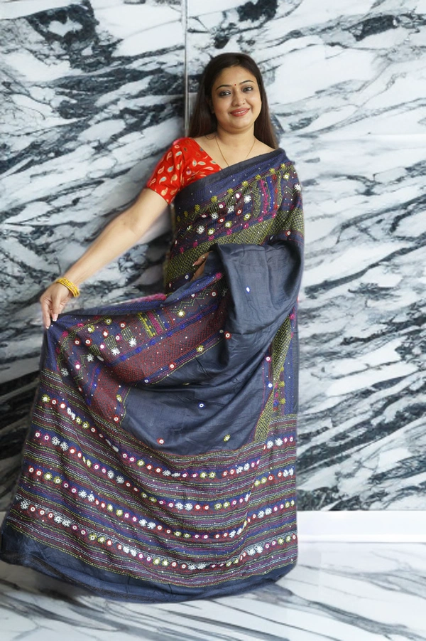 SKU0180 : Pure Tussar Silk Saree with Lambani Hand Stitch - Normal Length 6.5 mtr, Blue, Designer/Contemporary, Dry Clean Only, Yes