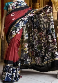 SKU0147 : Pure Cotton – Premium Wax Batik Fabric – Handcrafted, Soft & Breathable  - Normal Length 6.3 mtr Plus, Reddish meroon, Hand Print, Hand Wash, Yes