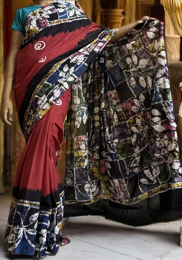 SKU0147 : Pure Cotton – Premium Wax Batik Fabric – Handcrafted, Soft & Breathable  - Normal Length 6.3 mtr Plus, Reddish meroon, Hand Print, Hand Wash, Yes