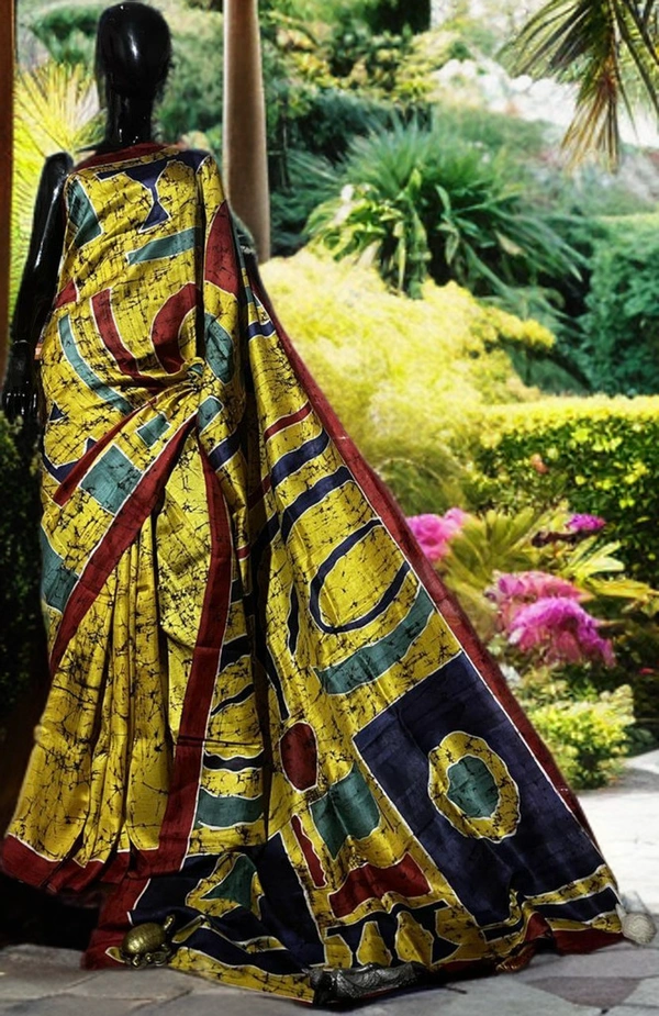 SKU0160 :  Pure Silk – Premium Wax Batik Fabric – Handcrafted, Soft & Breathable  - Normal Length 6.3 mtr Plus, Golden Yellow, Hand Print, Hand Wash, Yes