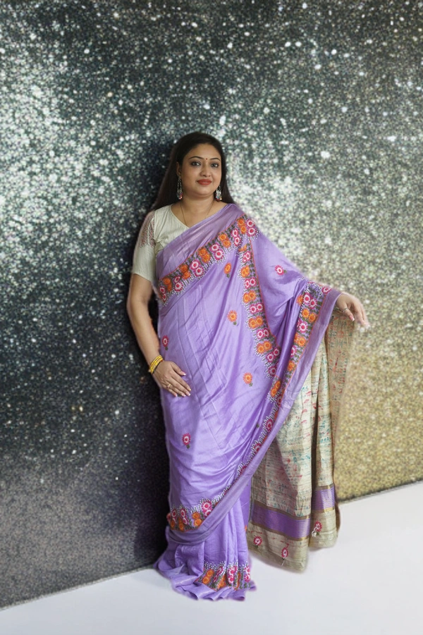 SKU0177 : Pure Tussar Silk Saree | Chickonkari | Madhubani Printing - Normal Length 6.5 mtr, Lavender, Madhubani / Warli, Dry Clean Only, Yes