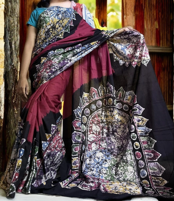 SKU0155 : Pure Cotton – Premium Wax Batik Fabric – Handcrafted, Soft & Breathable  - Normal Length 6.3 mtr Plus, Meroon, Hand Print, Hand Wash, Yes