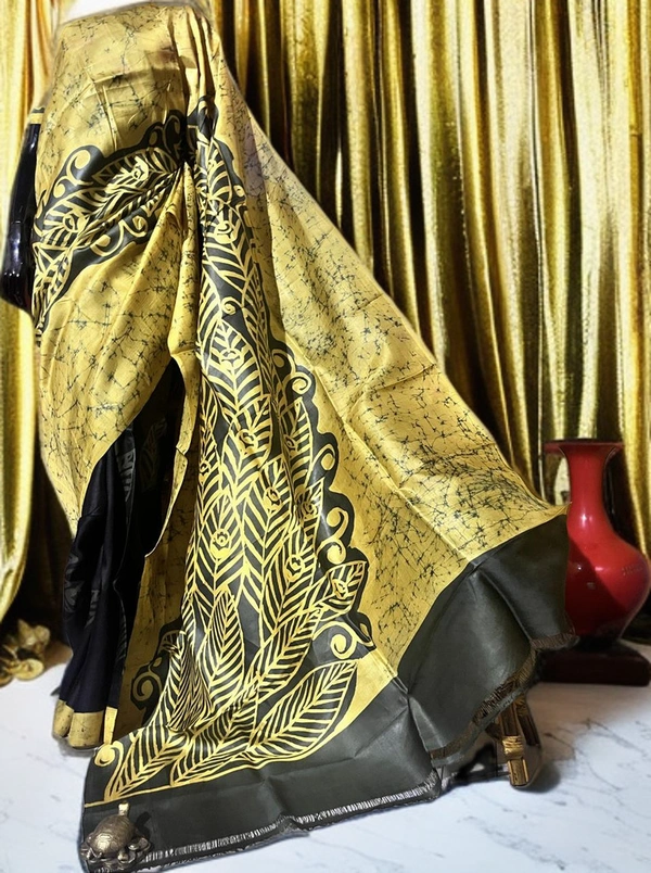 SKU0149 : Pure Silk – Premium Wax Batik Fabric – Handcrafted, Soft & Breathable  - Normal Length 6.3 mtr Plus, Yellow, Hand Print, Hand Wash, Yes