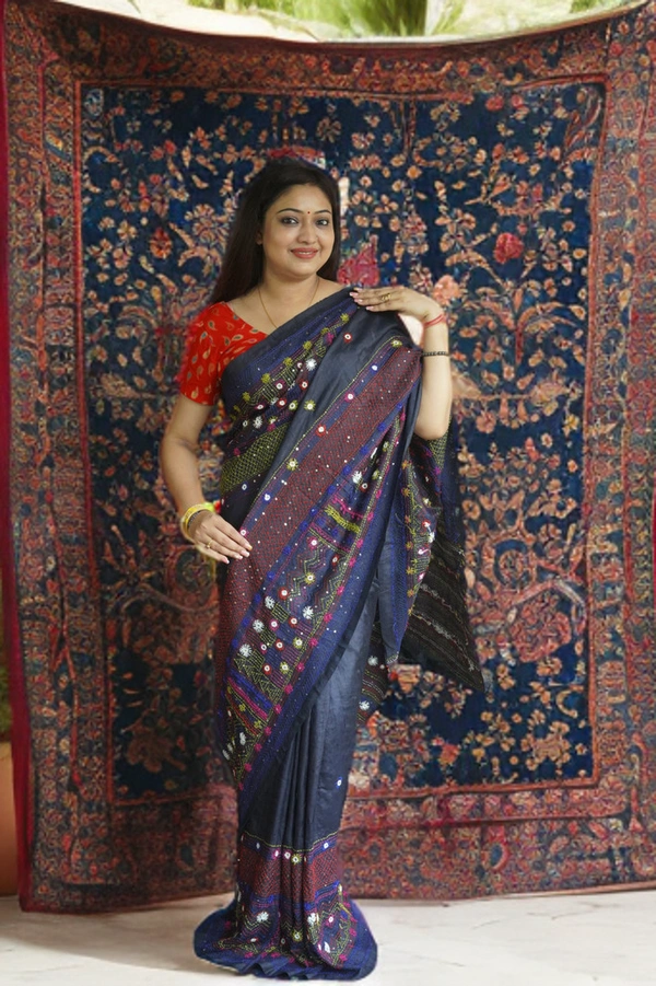 SKU0180 : Pure Tussar Silk Saree with Lambani Hand Stitch - Normal Length 6.5 mtr, Blue, Designer/Contemporary, Dry Clean Only, Yes