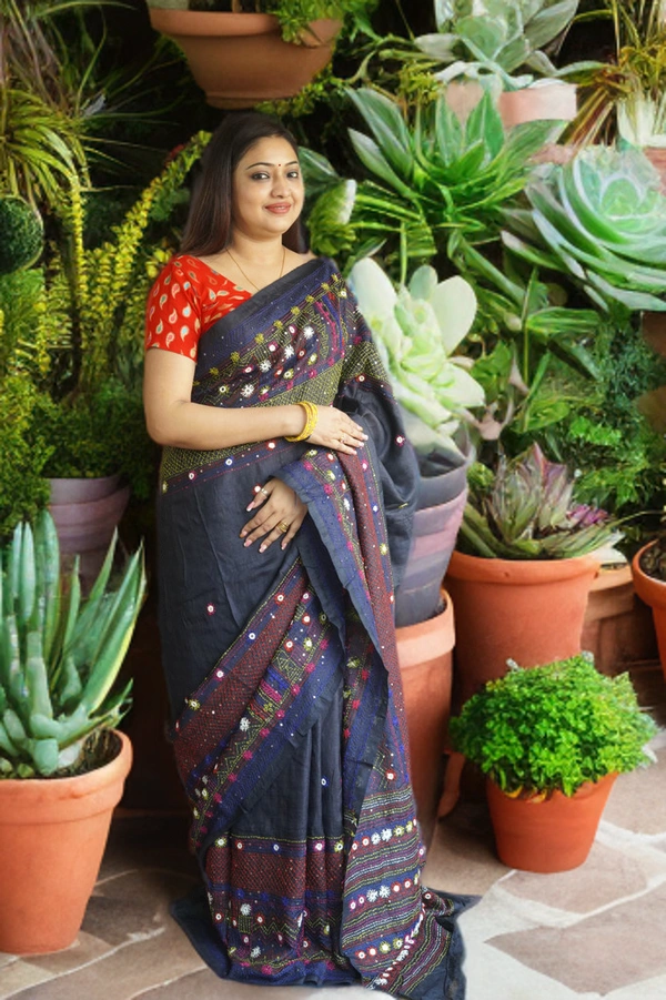 SKU0180 : Pure Tussar Silk Saree with Lambani Hand Stitch - Normal Length 6.5 mtr, Blue, Designer/Contemporary, Dry Clean Only, Yes