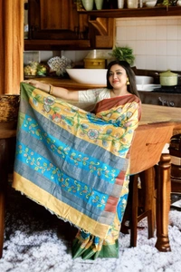 SKU0174 : Pure Tussar Silk Saree with Elegant Hand Paint | Kalamkari - Normal Length 6.5 mtr, Yellow, Kalamkari, Hand Print, Dry Clean Only, Yes