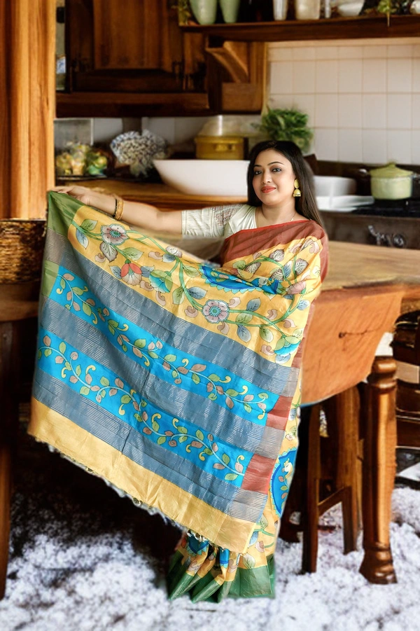 SKU0174 : Pure Tussar Silk Saree with Elegant Hand Paint | Kalamkari - Normal Length 6.5 mtr, Yellow, Kalamkari, Hand Print, Dry Clean Only, Yes