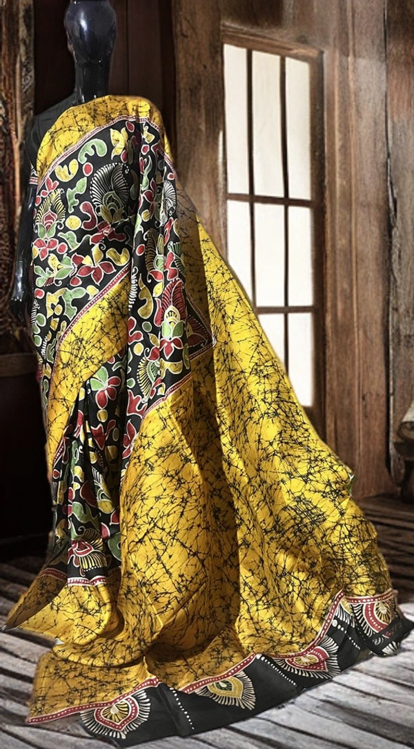 SKU0156 : Pure Silk – Premium Wax Batik Fabric – Handcrafted, Soft & Breathable  - Normal Length 6.3 mtr Plus, Golden Yellow, Hand Print, Hand Wash, Yes