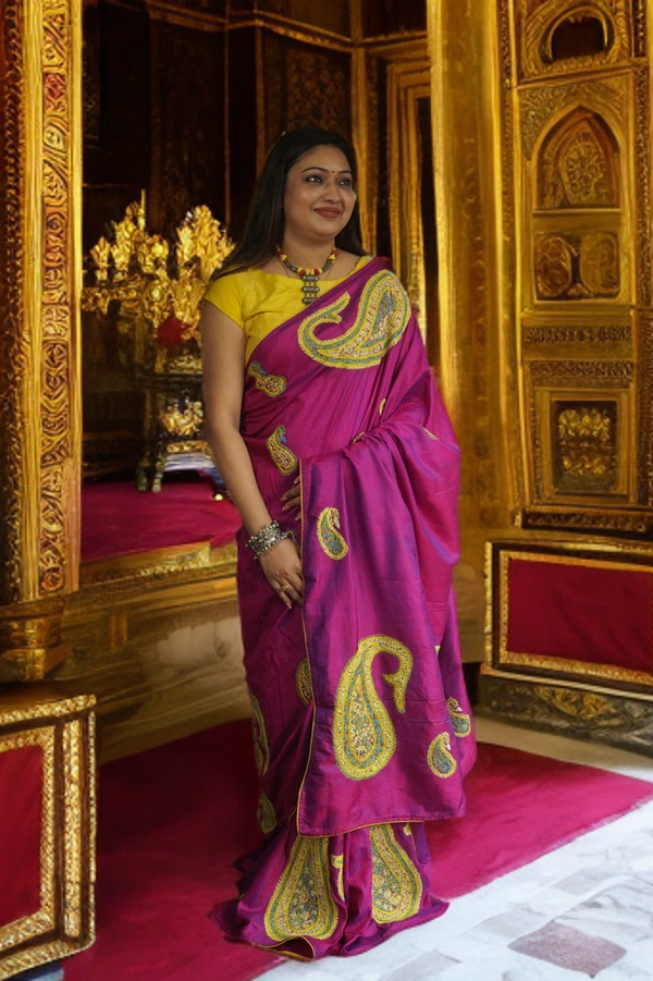 SKU0184 : Pure Katan Silk Saree – Handwoven Banarasi Traditional Saree | Kashmiri  - Normal Length 6.3 mtr, Rani With Blue Shade, Designer/Contemporary, Dry Clean Only, Yes