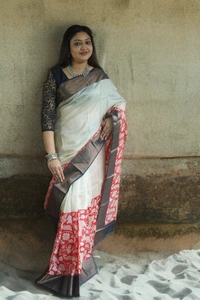 SKU0182 : Pure Tussar Silk Saree With Block Print - Normal Length 6.5 mtr, Multi Color, Block Print, Abstract Print, All, Yes