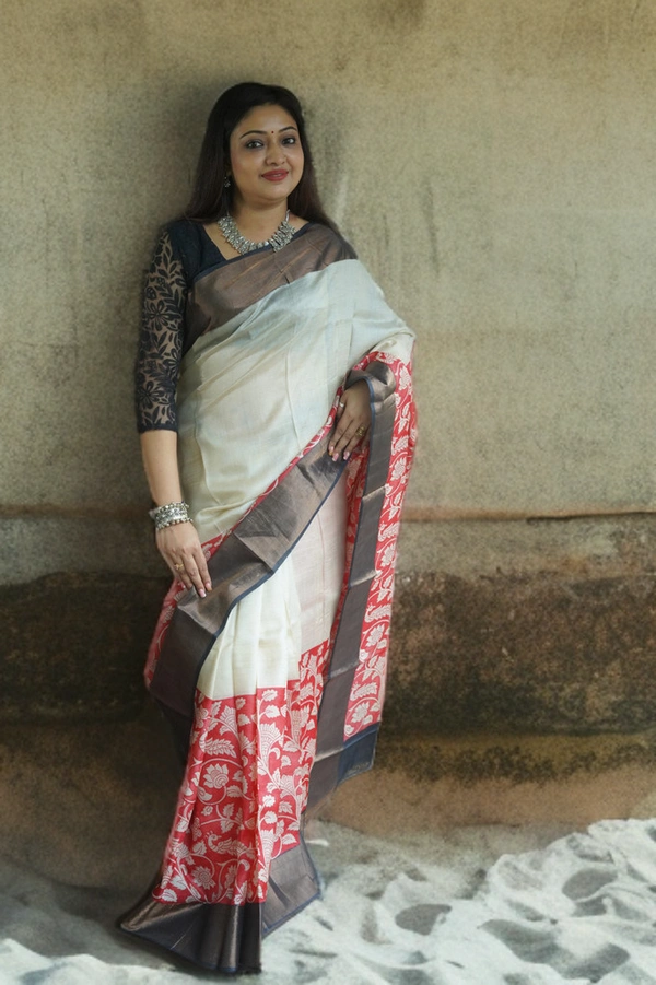 SKU0182 : Pure Tussar Silk Saree With Block Print - Normal Length 6.5 mtr, Multi Color, Block Print, Abstract Print, All, Yes