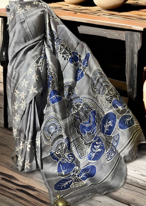 SKU0161 :  Pure Silk – Premium Wax Batik Fabric – Handcrafted, Soft & Breathable  - Normal Length 6.3 mtr Plus, Steel Grey, Hand Print, Hand Wash, Yes