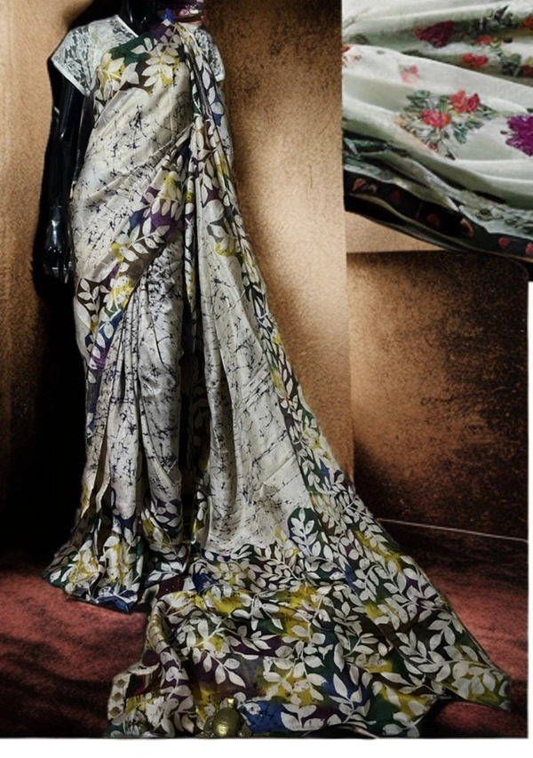 SKU0158 : Pure Silk – Premium Wax Batik Fabric – Handcrafted, Soft & Breathable  - Normal Length 6.3 mtr Plus, Offwhite, Hand Print, Hand Wash, Yes