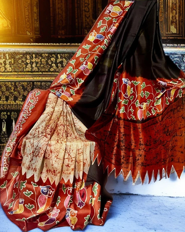 SKU0151 : Pure Silk – Premium Wax Batik Fabric – Handcrafted, Soft & Breathable  - Normal Length 6.3 mtr Plus, Multi Color, Hand Print, Hand Wash, Yes