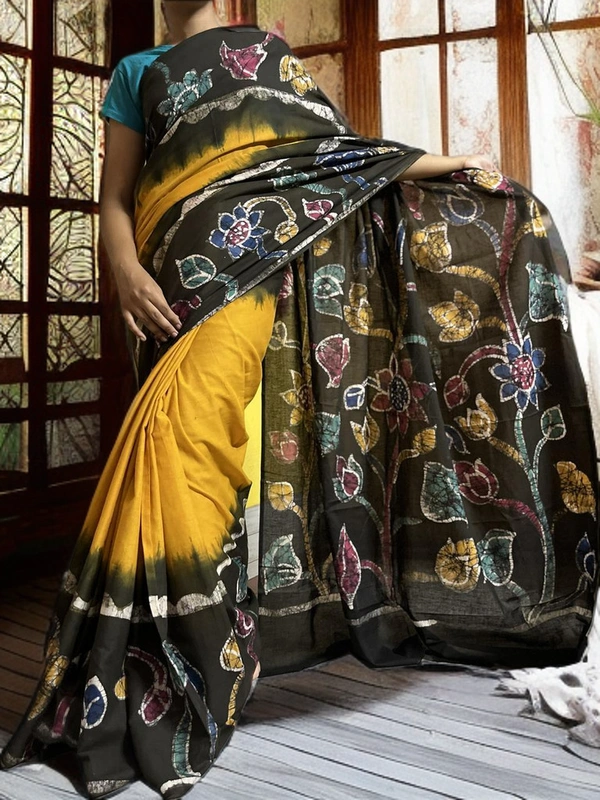 SKU0152 : Pure Cotton – Premium Wax Batik Fabric – Handcrafted, Soft & Breathable  - Normal Length 6.3 mtr Plus, Yellow, Hand Print, Hand Wash, Yes