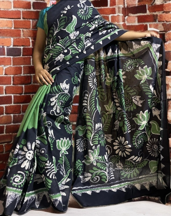 SKU0154 : Pure Cotton – Premium Wax Batik Fabric – Handcrafted, Soft & Breathable  - Normal Length 6.3 mtr Plus, Green, Hand Print, Hand Wash, Yes