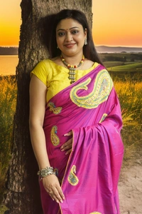 SKU0184 : Pure Katan Silk Saree – Handwoven Banarasi Traditional Saree | Kashmiri  - Normal Length 6.3 mtr, Rani With Blue Shade, Designer/Contemporary, Dry Clean Only, Yes