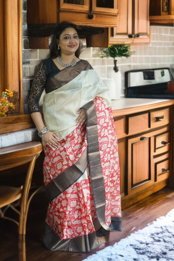 SKU0182 : Pure Tussar Silk Saree With Block Print - Normal Length 6.5 mtr, Multi Color, Block Print, Abstract Print, All, Yes