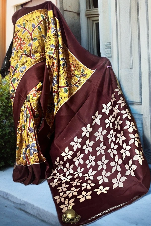 SKU0165 :  Pure Silk – Premium Wax Batik Fabric – Handcrafted, Soft & Breathable  - Normal Length 6.3 mtr Plus, Yellow, Hand Print, Hand Wash, Yes