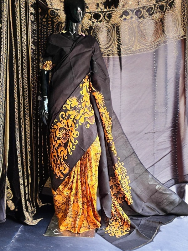 SKU0166 : Pure Silk – Premium Wax Batik Fabric – Handcrafted, Soft & Breathable  - Normal Length 6.3 mtr Plus, Orange, Hand Print, Hand Wash, Yes