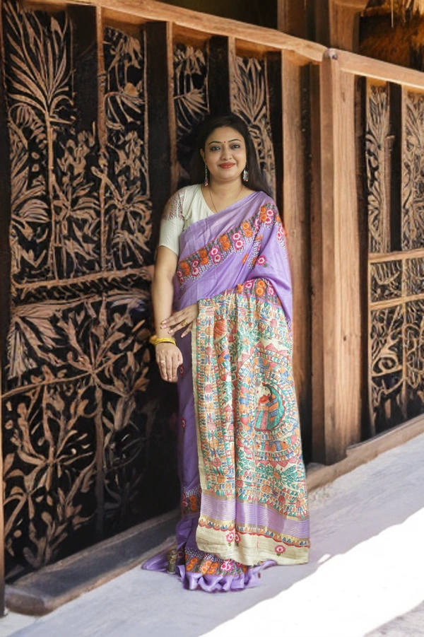 SKU0177 : Pure Tussar Silk Saree | Chickonkari | Madhubani Printing - Normal Length 6.5 mtr, Lavender, Madhubani / Warli, Dry Clean Only, Yes