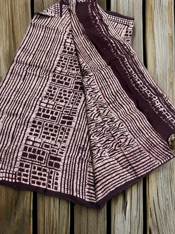 SKU0167 :     Pure Silk – Premium Wax Batik Fabric – Handcrafted, Soft & Breathable  - Normal Length 6.3 mtr Plus, Chocolate, Block Print, Abstract Print, Hand Wash, Yes