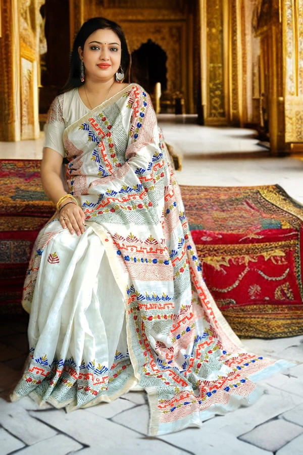 SKU0175 : Elegant Resham Matka Saree with Traditional Gujarati Work – Handcrafted Heritage - Normal Length 6.5 mtr, White, Designer/Contemporary, Dry Clean Only, Yes