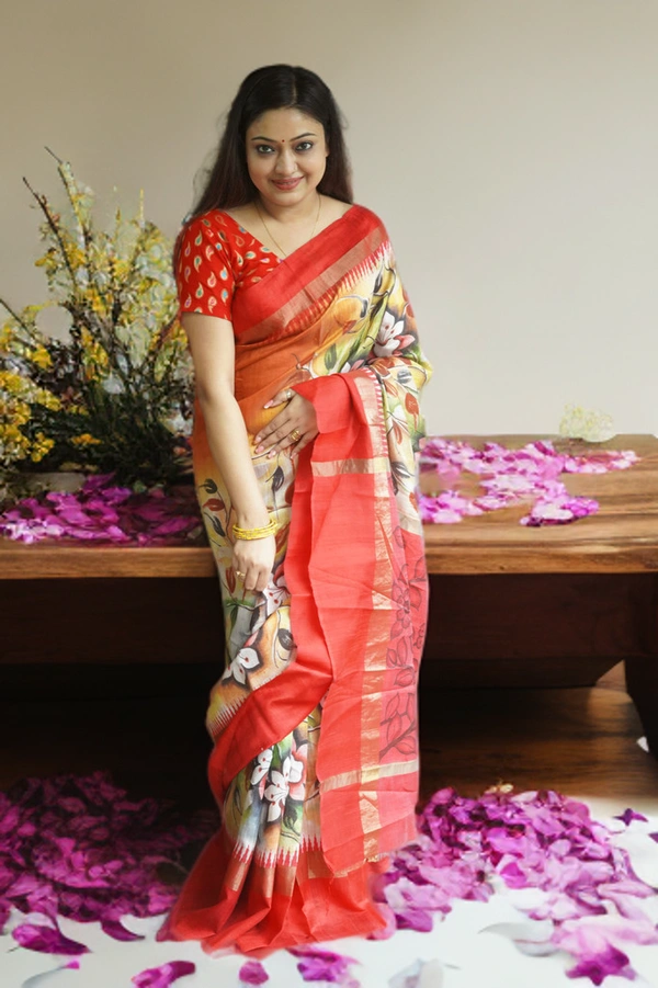 SKU0181 : Elegant Pure Tussar Kosa Silk Saree – Handwoven Traditional Indian Saree | Kalamkari - Normal Length 6.5 mtr, Multi Color, Kalamkari, Hand Print, Dry Clean Only, Yes