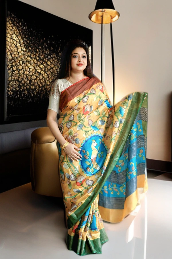 SKU0174 : Pure Tussar Silk Saree with Elegant Hand Paint | Kalamkari - Normal Length 6.5 mtr, Yellow, Kalamkari, Hand Print, Dry Clean Only, Yes