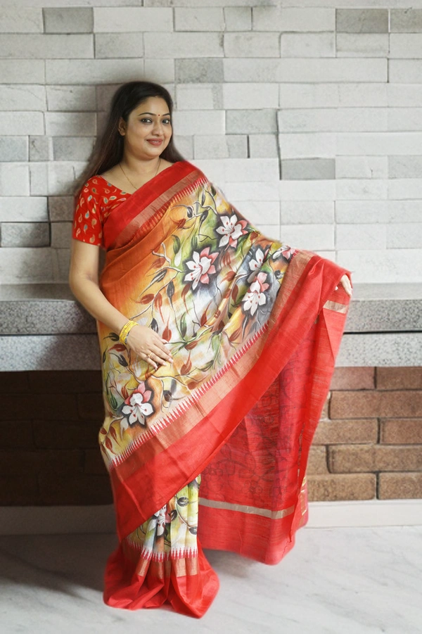 SKU0181 : Elegant Pure Tussar Kosa Silk Saree – Handwoven Traditional Indian Saree | Kalamkari - Normal Length 6.5 mtr, Multi Color, Kalamkari, Hand Print, Dry Clean Only, Yes