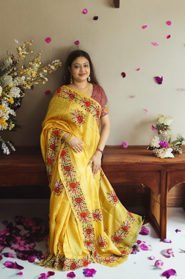 SKU0179 : Pure Tussar Silk Saree with Parsi Work - Normal Length 6.5 mtr, Yellow, Designer/Contemporary, Dry Clean Only, Yes