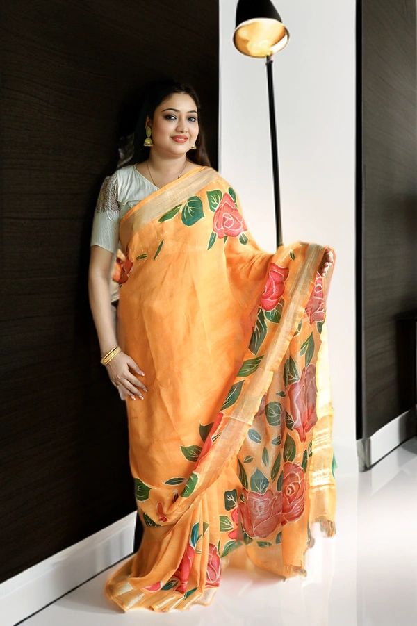 SKU0176 : Elegant Pure Linen Saree – Lightweight, Breathable & Handwoven Elegance | Blend Batique - Normal Length 6.5 mtr, Orange, Floral, Hand Print, All, Yes