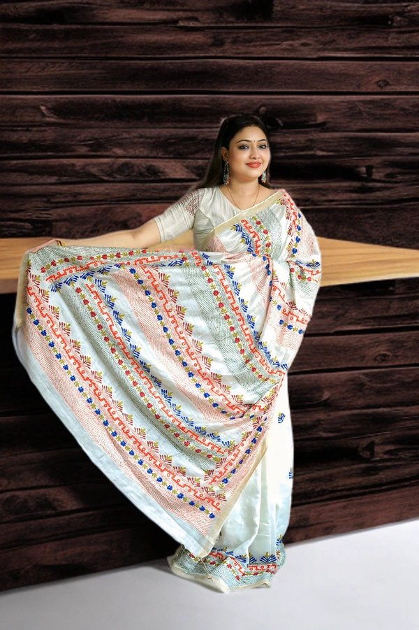 SKU0175 : Elegant Resham Matka Saree with Traditional Gujarati Work – Handcrafted Heritage - Normal Length 6.5 mtr, White, Designer/Contemporary, Dry Clean Only, Yes